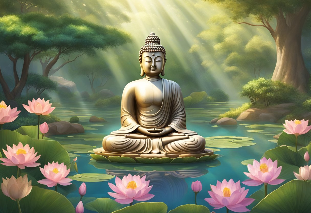 The Buddha statue sits in a peaceful garden, surrounded by blooming lotus flowers and serene meditating animals. Rays of sunlight gently illuminate the scene