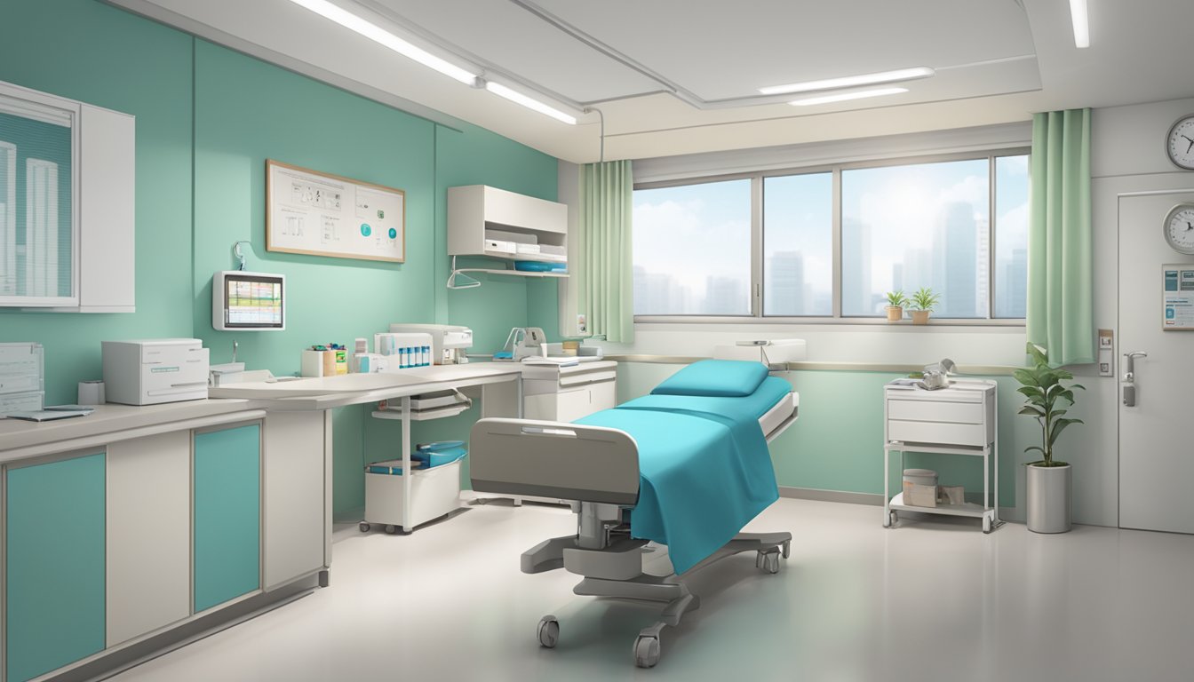 A bright, modern clinic room at Tan Tock Seng Hospital, with a prominent sign reading "Clinic 3A - Dr. Chung Kwai-Kuen Irene, SG Cardiologist."