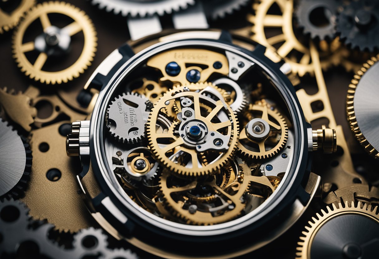 A watch being carefully disassembled and repaired, showcasing intricate gears and tools. Chapel Street sign in the background