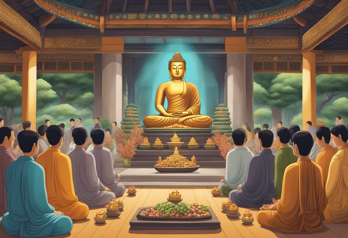 Buddha statue surrounded by worshippers and adorned with offerings in a serene temple setting