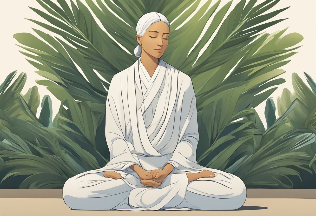 A serene figure sits cross-legged, surrounded by soft light. Palms face upward in a gesture of reverence