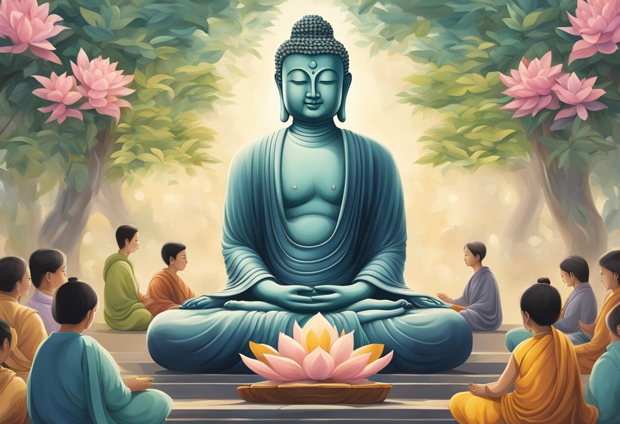 The Buddha sits in a serene posture with a gentle smile, surrounded by devotees seeking wisdom