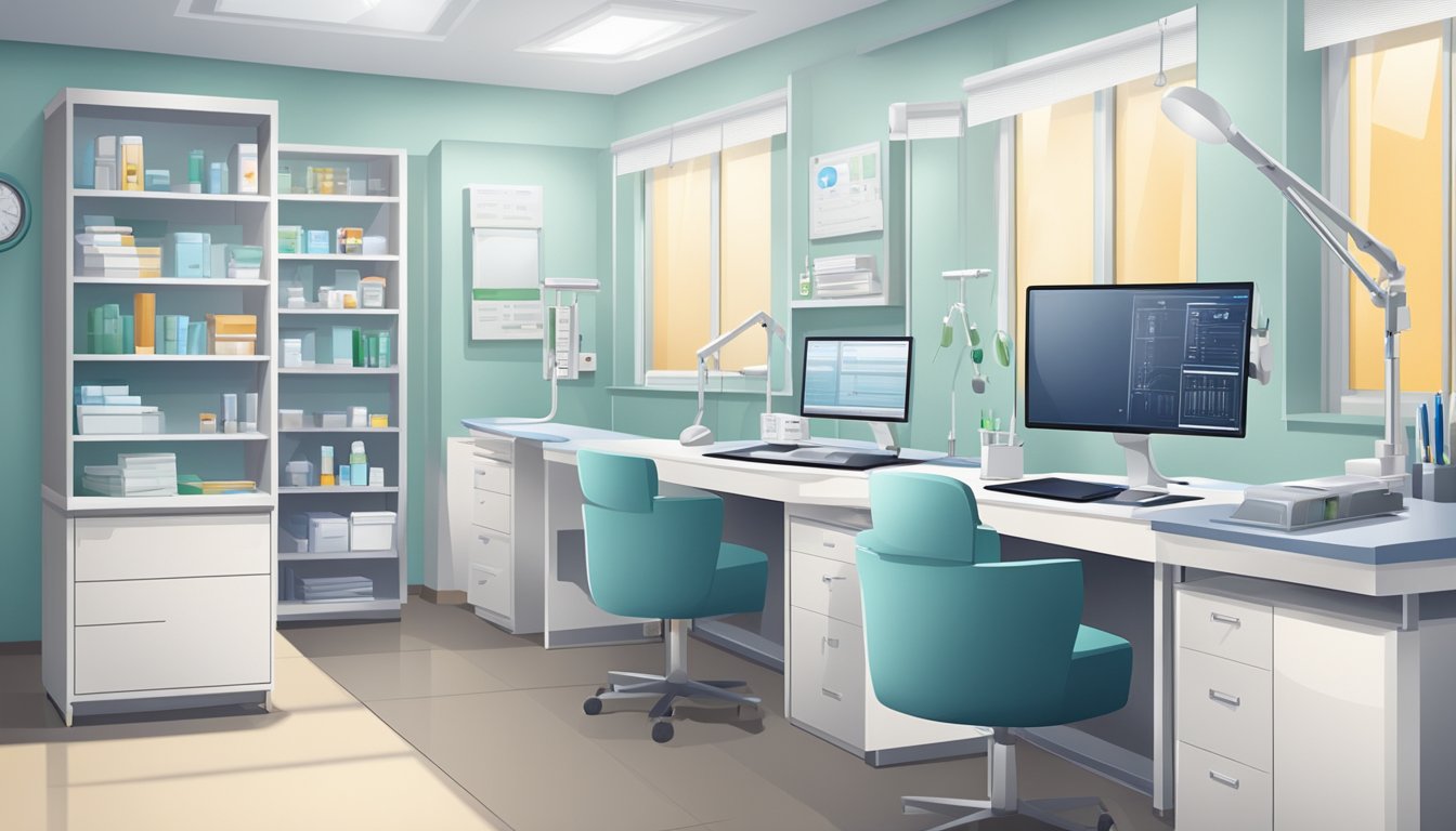 A modern clinic room with medical equipment and a desk. The room is well-lit and organized, with a professional and clinical atmosphere