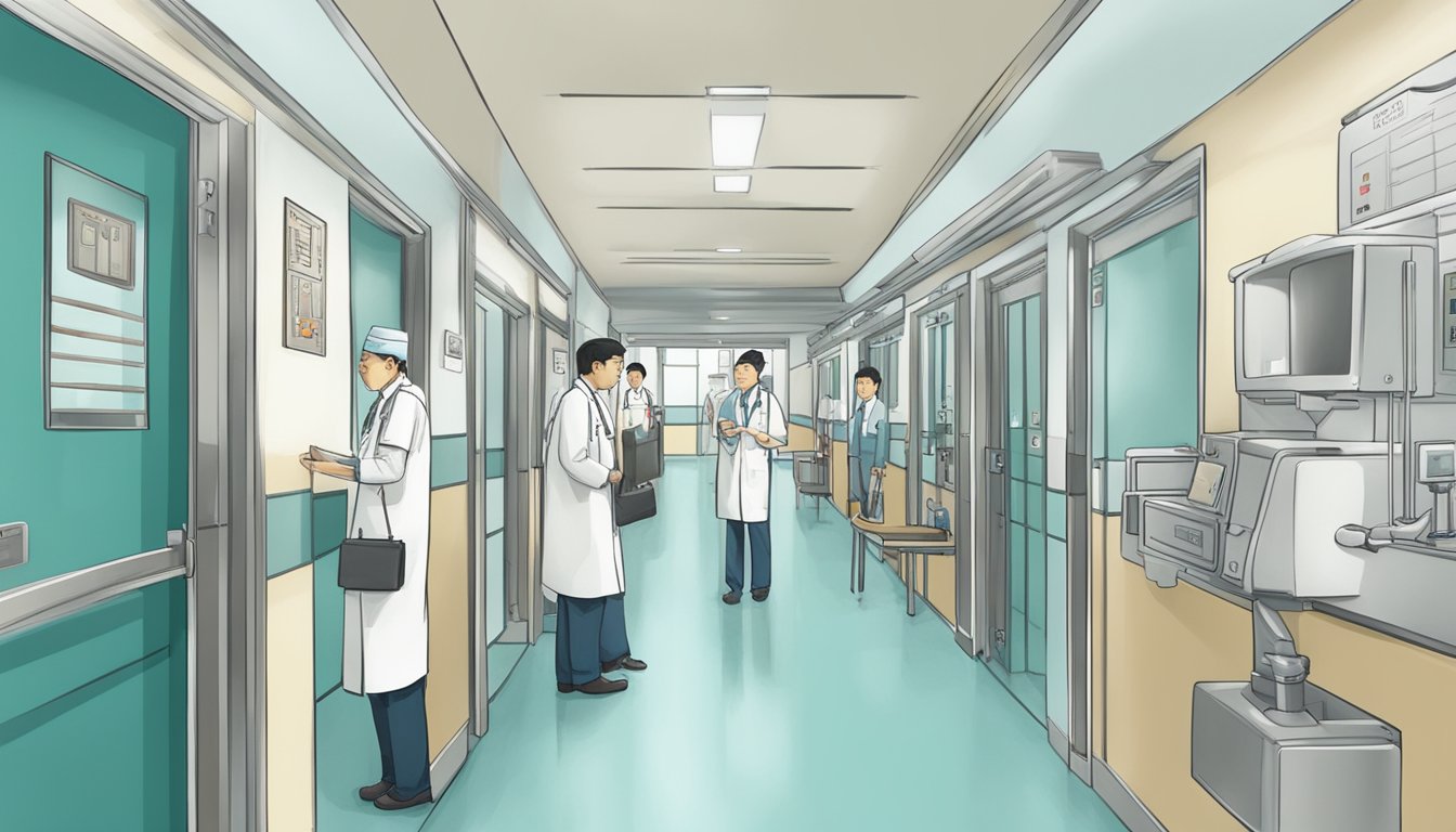 A bustling hospital hallway with a sign for "Clinic 3A - Tan Tock Seng Hospital" and a placard for "Dr Yew Min Sen - Cardiologist."