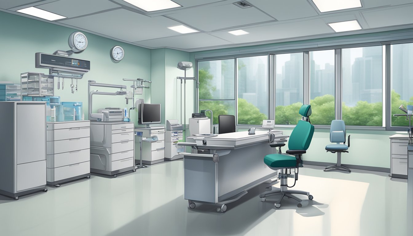 A modern clinic room with medical equipment and a desk, displaying Dr. Huang Wenjie's name and title