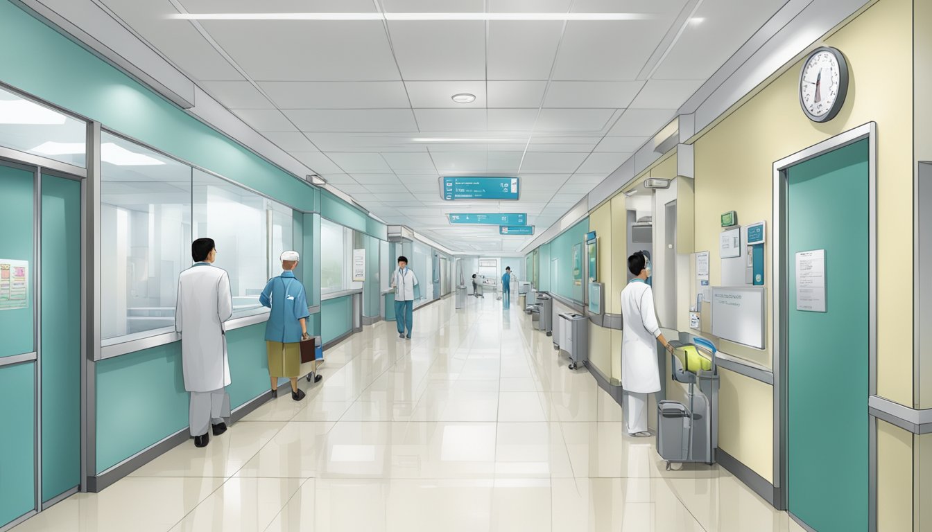 A bustling hospital corridor with signs for Clinic 3A and Dr. Yew Min Sen, showcasing a professional and welcoming environment for cardiology patients