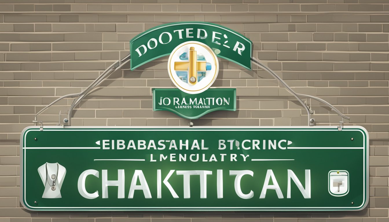 A doctor's name and title, clinic location, hospital name, and specialty are displayed on a sign