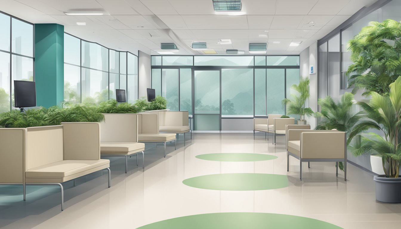 A bright and modern hospital clinic, with the sign "Clinic 3A - Tan Tock Seng Hospital | SG Cardiologist" displayed prominently