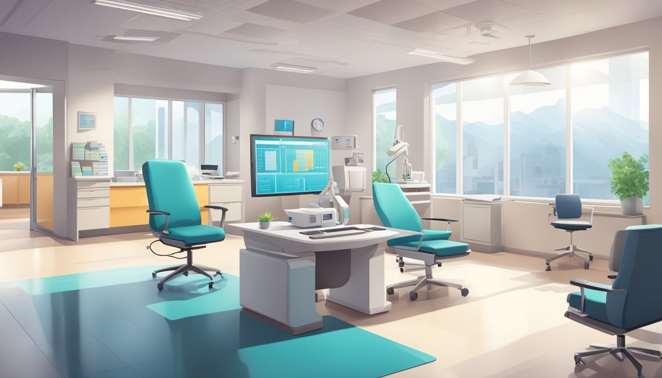 A modern clinic interior with medical equipment, a desk, and a computer. The room is well-lit and organized, with a view of the hospital outside