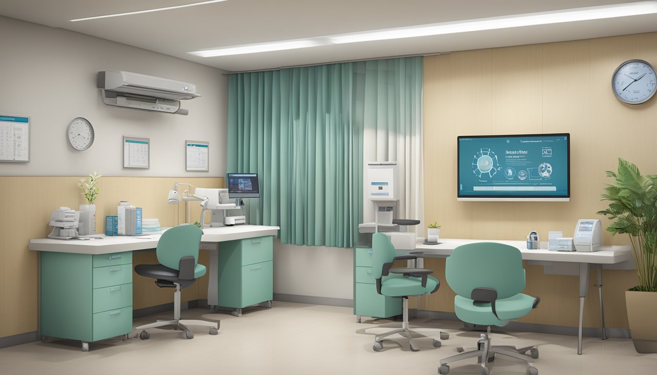 A modern clinic room with medical equipment and a desk, displaying the name "Dr Mok Kwang How - Clinic 3A – Tan Tock Seng Hospital | SG Cardiologist" prominently on the wall