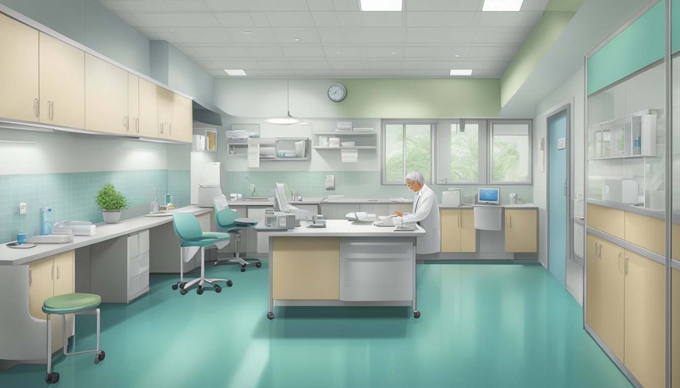 A modern clinic interior with Dr. Mok Kwang How's name and title displayed at Tan Tock Seng Hospital