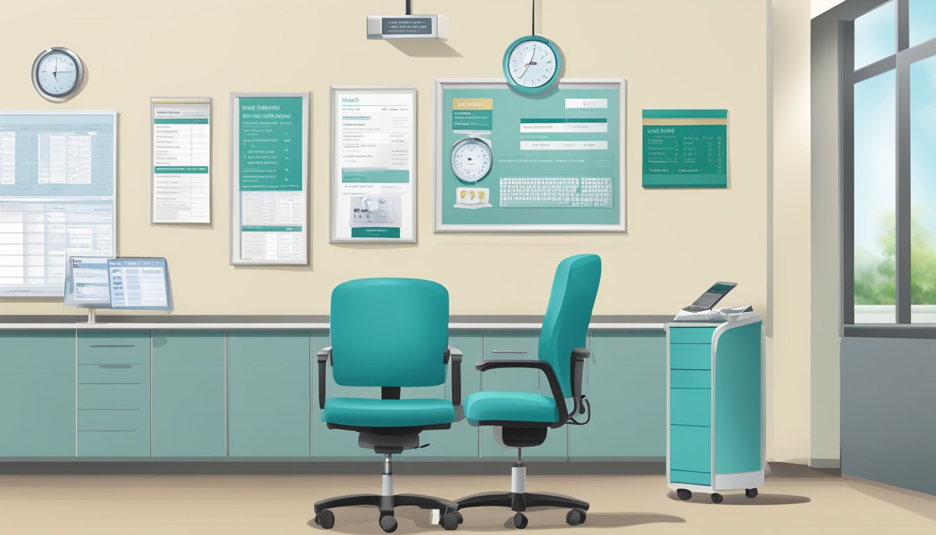 A doctor's office at Tan Tock Seng Hospital, with a sign for Dr. Mok Kwang How - Cardiologist, displaying contact information and operating hours