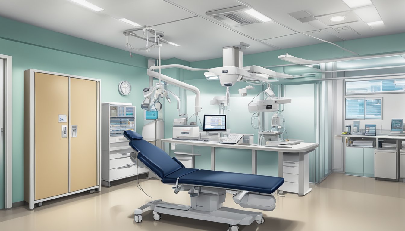 A modern clinic with medical equipment and a desk, labeled "Dr Wong Shiun Woei - Clinic 3A – Tan Tock Seng Hospital | SG Cardiologist."