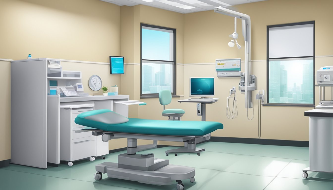 A modern clinic room with medical equipment and a desk, displaying the name "Dr Wong Shiun Woei - Clinic 3A – Tan Tock Seng Hospital | SG Cardiologist" on the wall