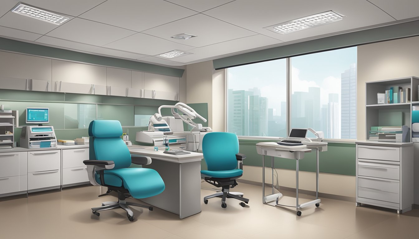A cardiologist's office at Tan Tock Seng Hospital, with medical equipment and a desk, ready for patient consultations