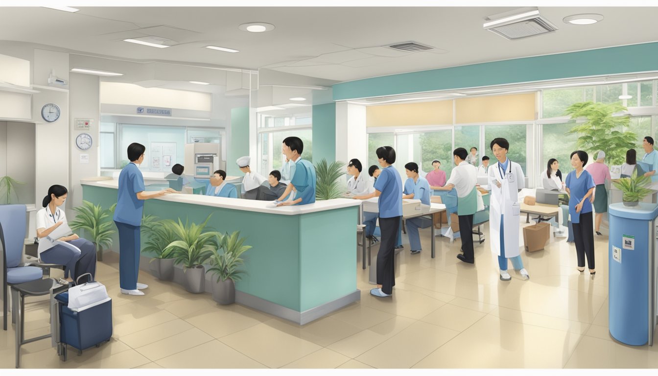 A bustling clinic lobby at Tan Tock Seng Hospital, with a prominent sign for Cardiologist Dr. Wong Shiun Woei's Clinic 3A