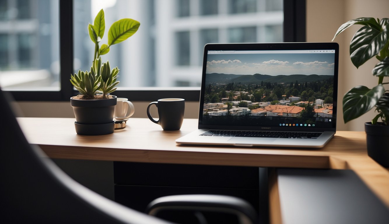 A sleek desk with a laptop, stylish desk organizer, and a chic pen holder. A modern office chair and a potted plant add a touch of sophistication Corporate-Outfit-Ideas