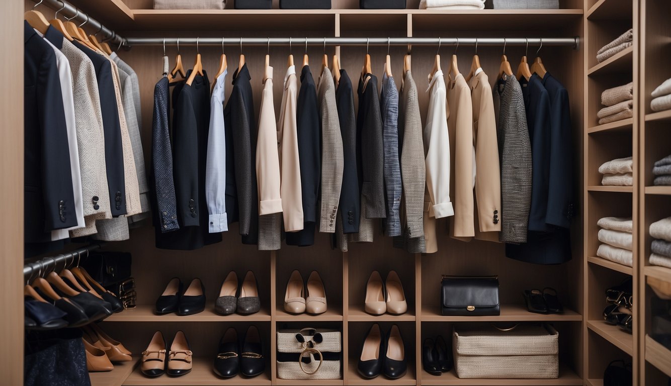 A well-organized closet with a variety of business professional outfits for women, including blazers, trousers, skirts, and blouses in neutral colors