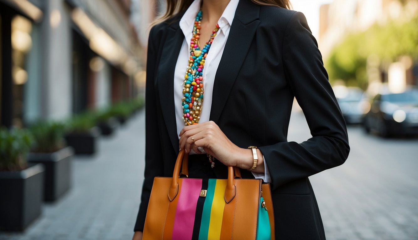 A sleek black blazer hangs on a hanger, paired with a crisp white blouse and a statement necklace. A stack of colorful heels and a structured tote bag complete the ensemble