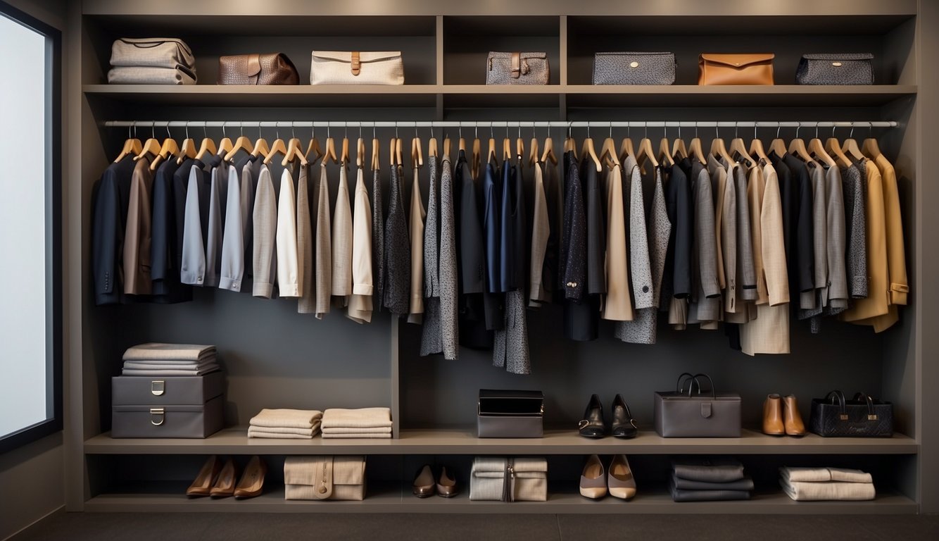 A woman's wardrobe with various business professional outfit options neatly organized on hangers and shelves Business Professional Outfit (1)