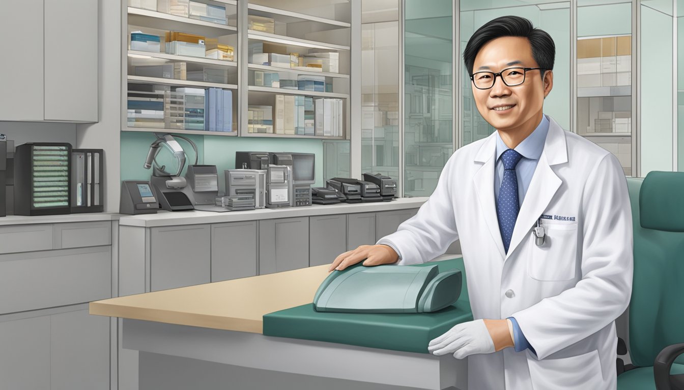 A cardiologist, Dr. Philip Wong En Hou, stands in front of Raffles Heart Centre at Raffles Specialist Centre