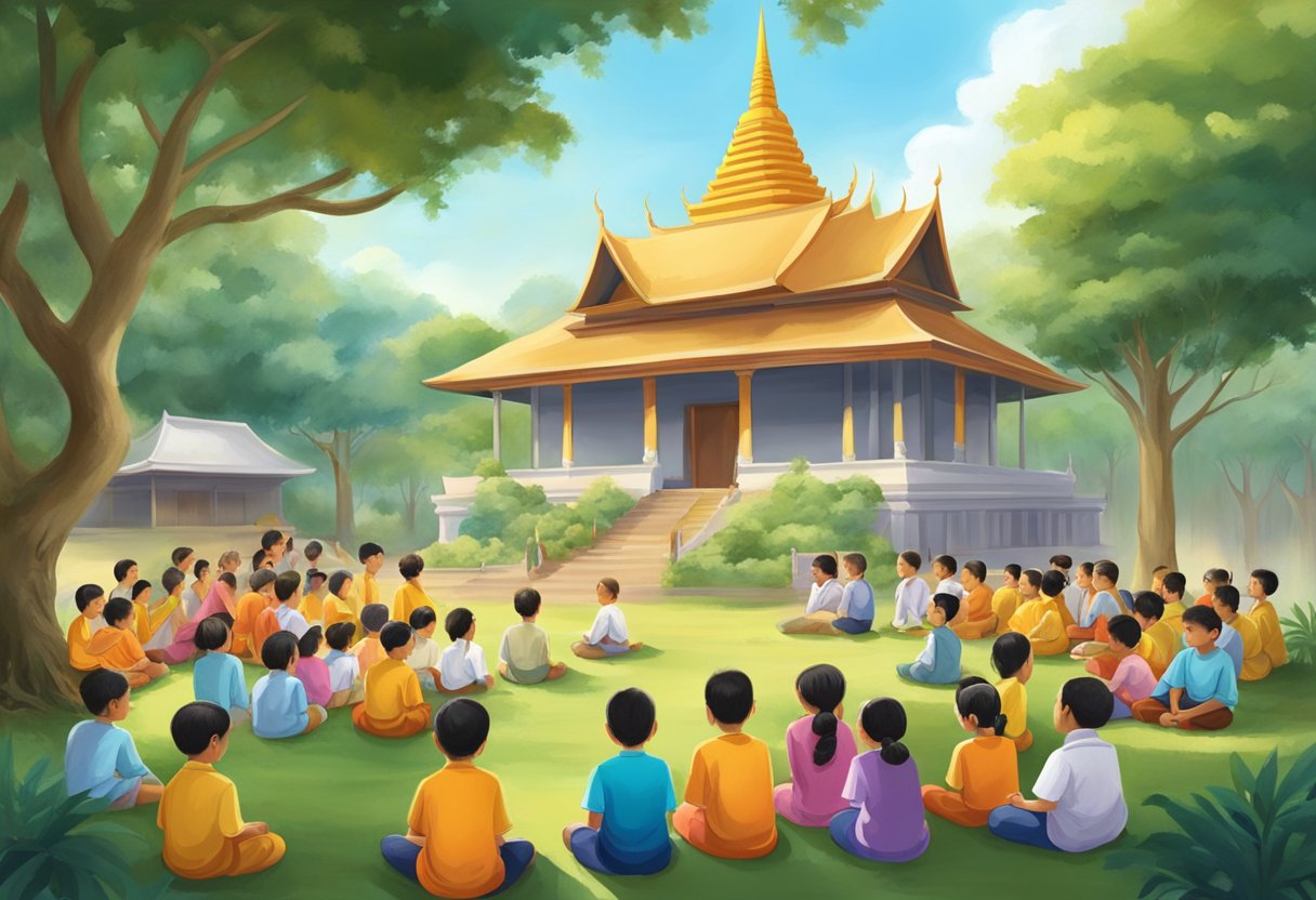 A group of children gather at Dhamma School, a serene temple setting with colorful banners and a peaceful atmosphere