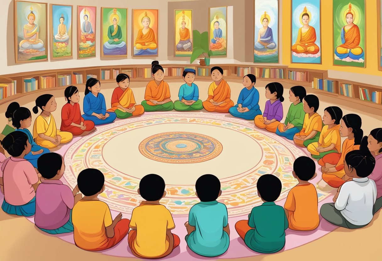 Children sitting in a circle, surrounded by colorful posters of Buddhist teachings. A teacher leads a discussion on the Dhamma School curriculum