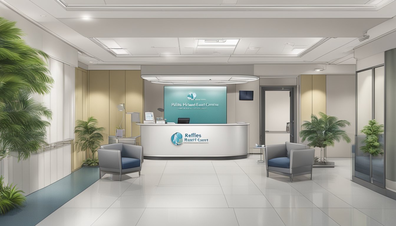 A modern medical clinic with the name "Raffles Heart Centre - Raffles Specialist Centre" and the contact information for Dr. Philip Wong En Hou, a cardiologist, displayed prominently