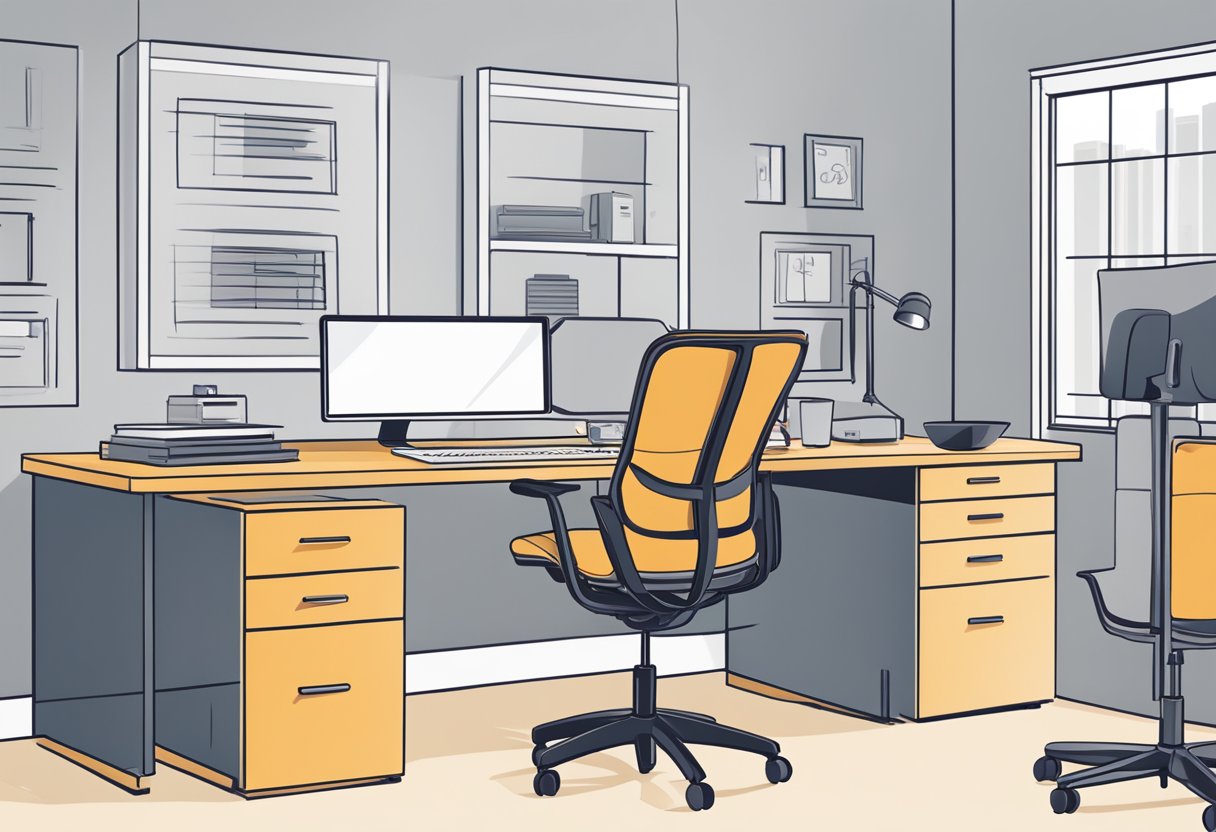 An adjustable desk set at the correct height, with a computer and ergonomic chair nearby. Avoid common standing desk mistakes