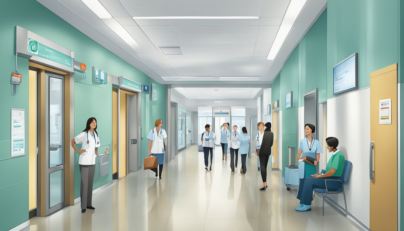 A bustling hospital hallway with signage for Raffles Heart Centre and Raffles Specialist Centre, conveying a sense of professionalism and expertise