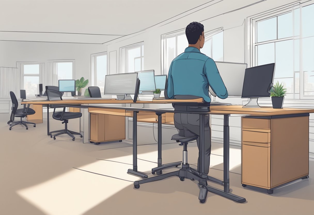 An adjustable desk with a person alternating between sitting and standing. Avoiding common mistakes like slouching and standing too long