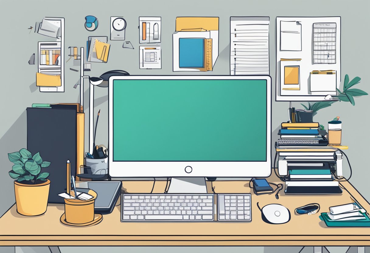 A cluttered desk with an adjustable feature. Items like a monitor, keyboard, and office supplies are scattered. A list of "5 Common Standing Desk Mistakes and How to Avoid Them" is visible