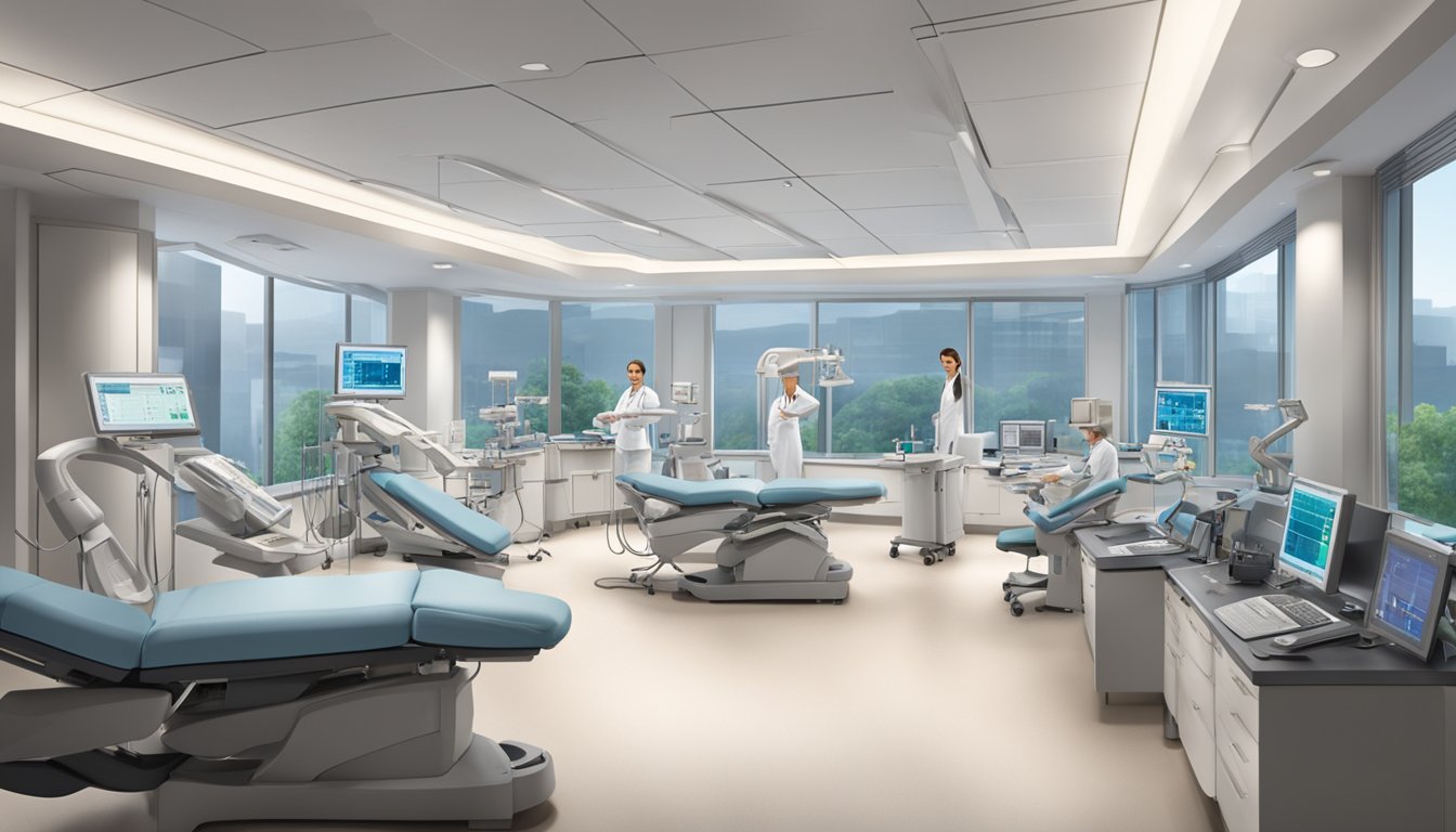A modern, bustling heart center with state-of-the-art equipment and a team of expert cardiologists providing top-notch care