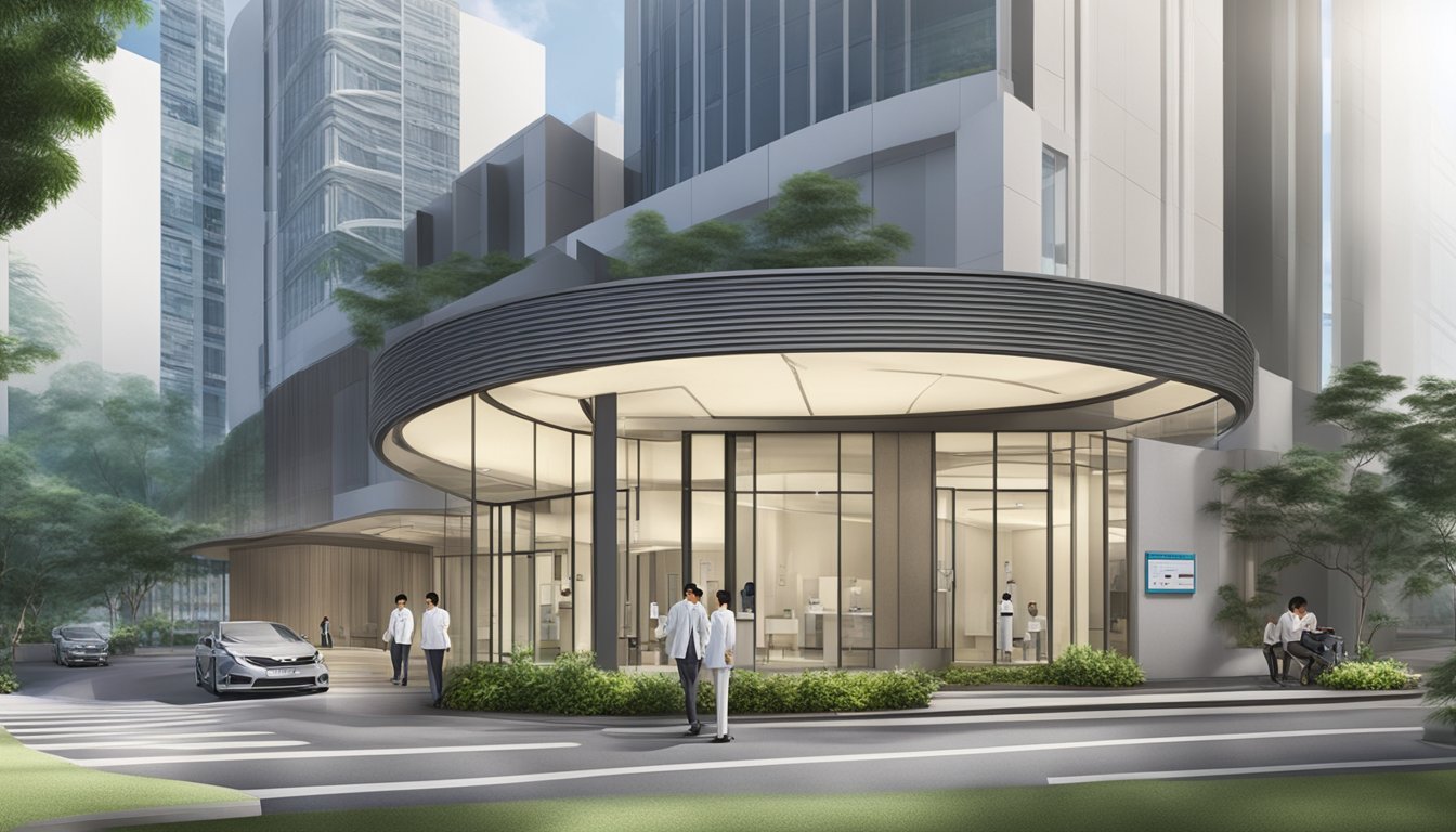 A modern medical facility with the name "Raffles Heart Centre" and "Raffles Specialist Centre" prominently displayed, along with the contact information for Dr. Tan Sian-Tsung, a cardiologist