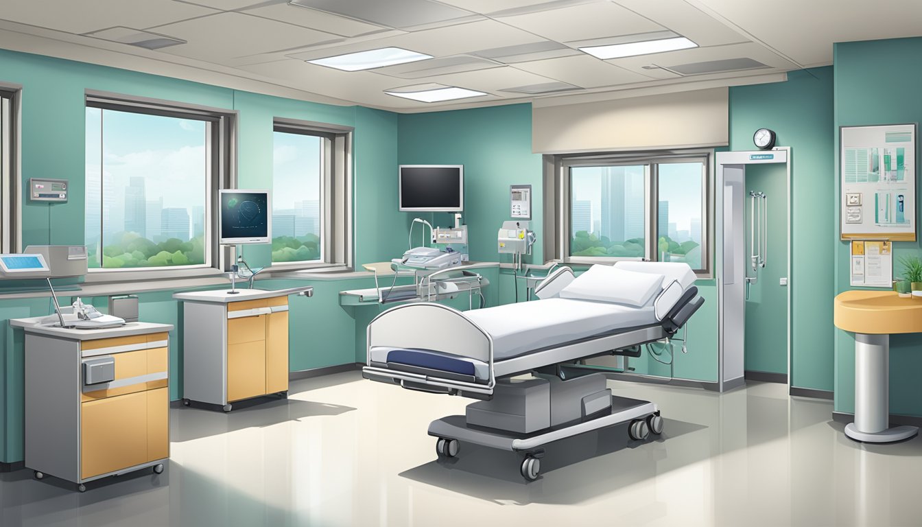 A modern hospital room with medical equipment and a Raffles Heart Centre sign
