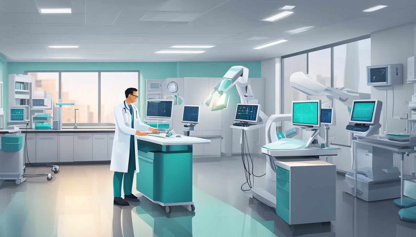 A cardiologist stands in a modern medical center, surrounded by advanced equipment and medical staff. The atmosphere is professional and focused