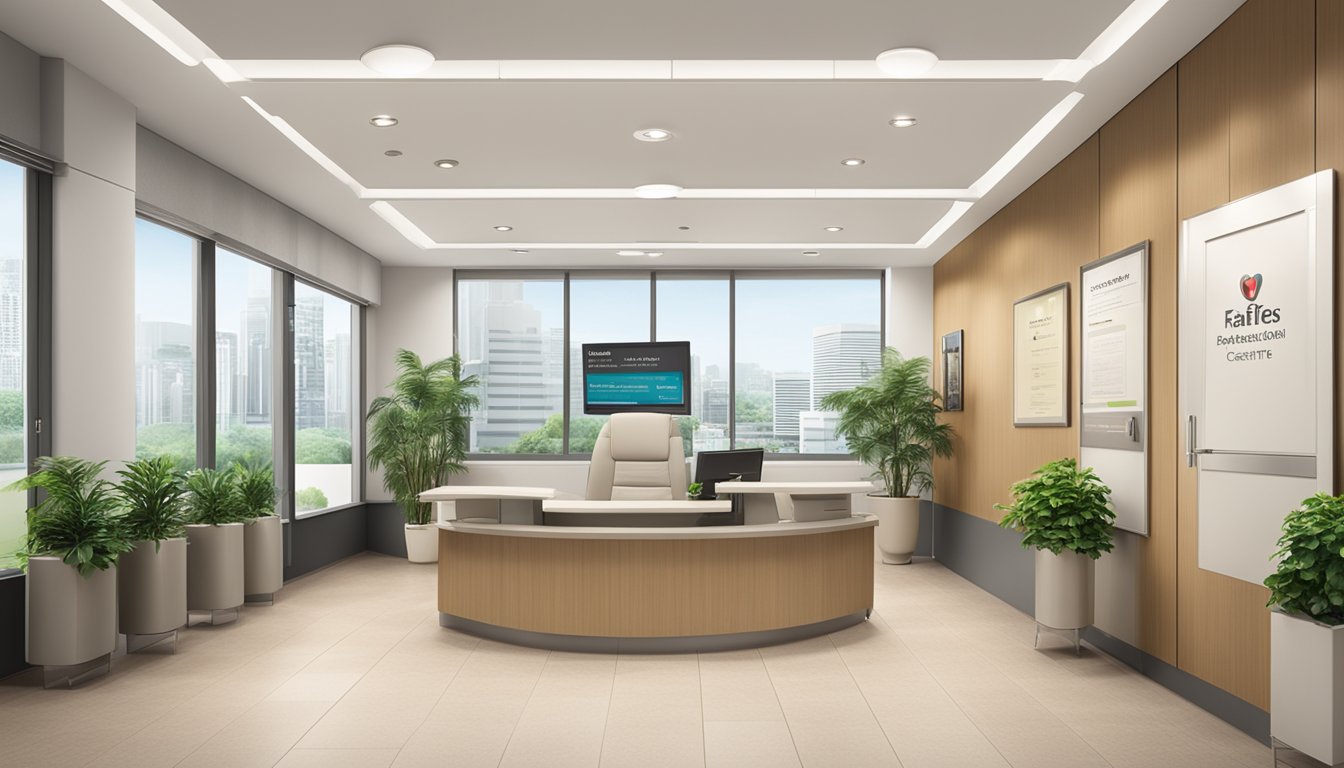 A modern, clean and professional setting at Raffles Specialist Centre, with the sign "Raffles Heart Centre" prominently displayed