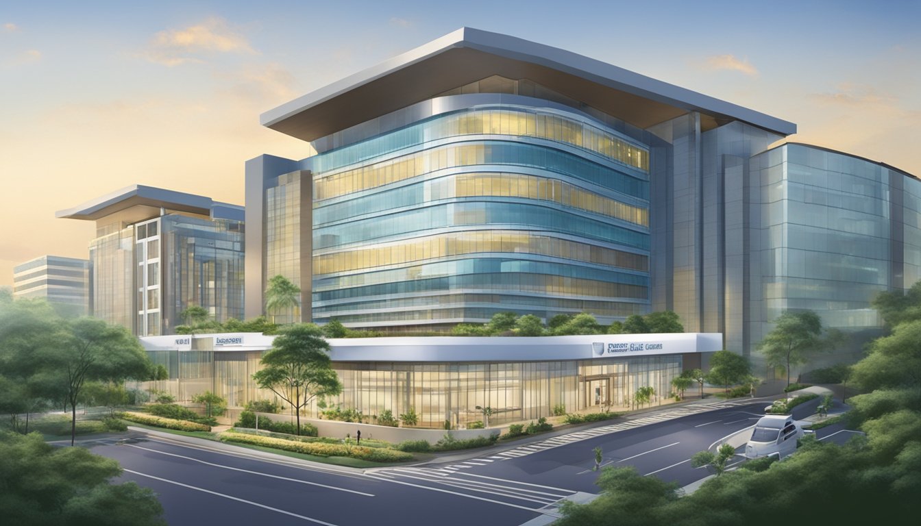 A modern hospital building with the sign "Raffles Specialist Centre" and "Raffles Heart Centre". The contact information and operating hours for Dr. Jimmy Ong Heng Ann, a cardiologist, are displayed prominently
