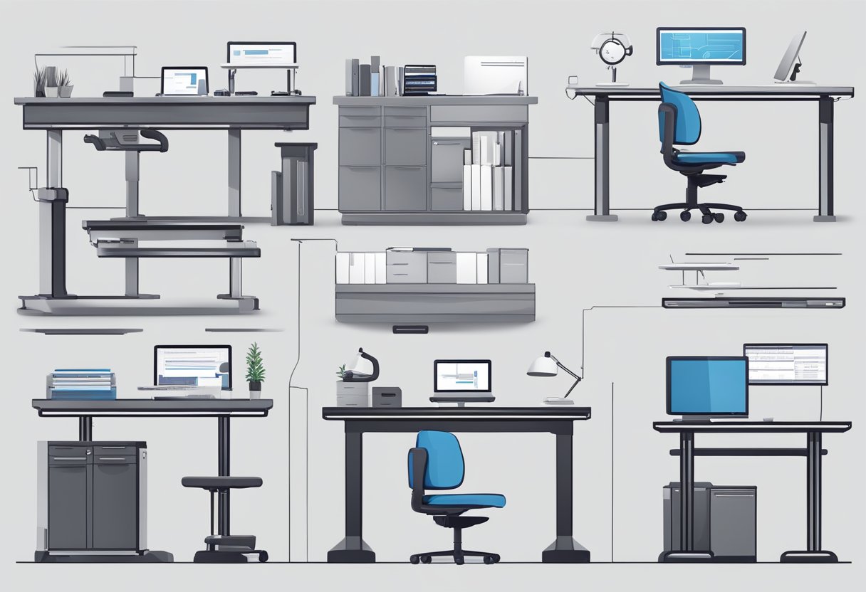 A variety of standing desks in different shapes and sizes, with adjustable features and ergonomic designs. A FAQ section with detailed information displayed nearby