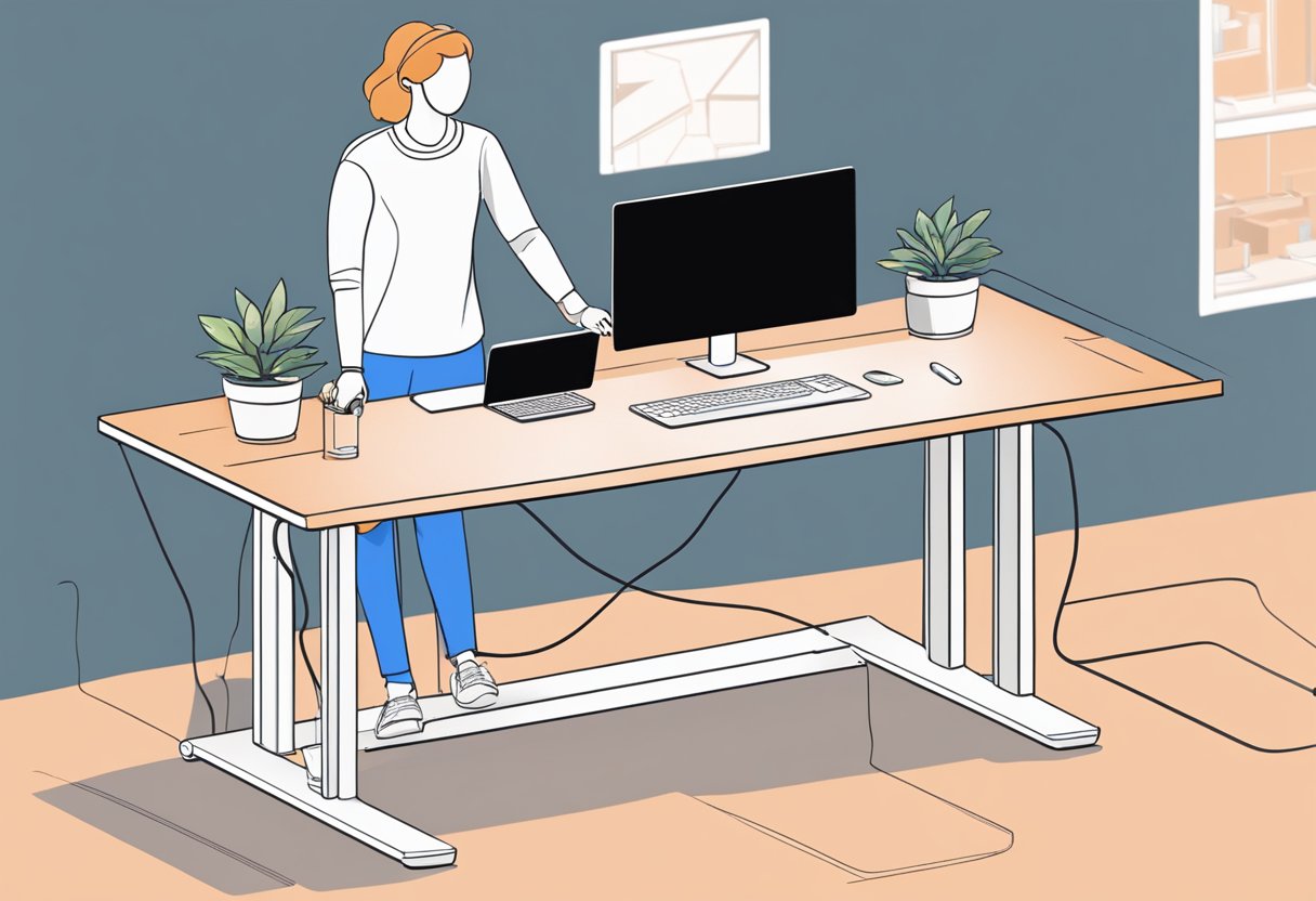 A standing desk with adjustable height, ergonomic design, and cable management. A person using it comfortably while working