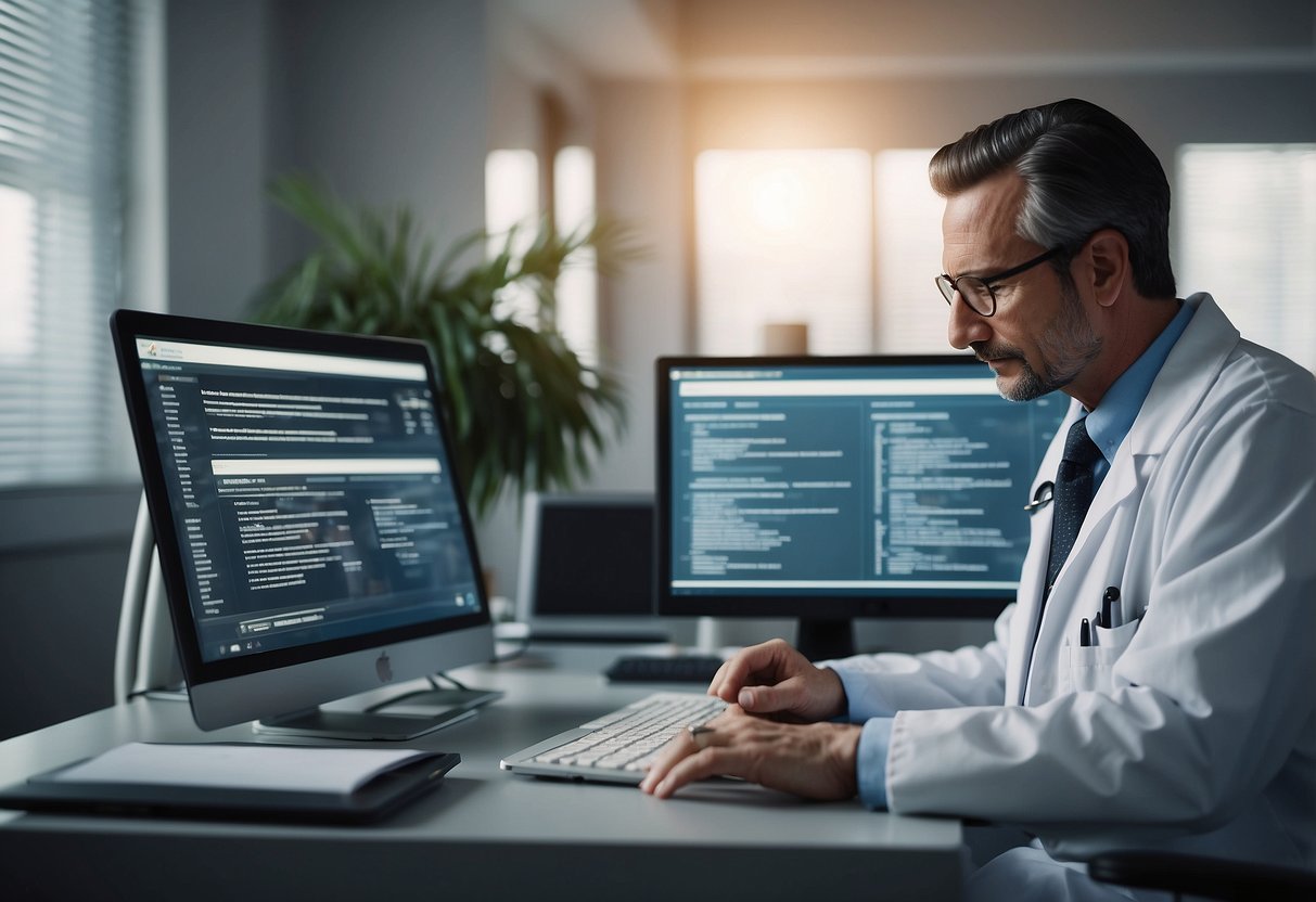 A medical professional reviewing a list of frequently asked questions about SEO, with a computer and medical equipment in the background