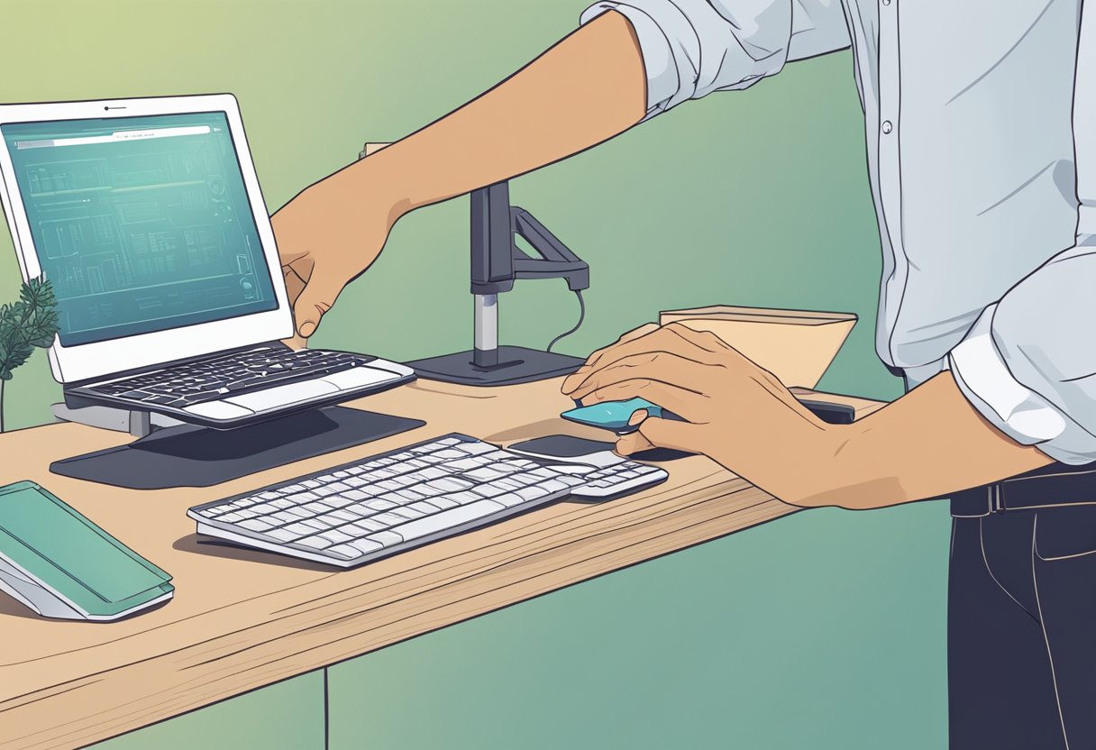 A person's hand presses the button on the standing desk, adjusting its height to a comfortable level. The desk rises smoothly, with the computer and other items on top staying in place