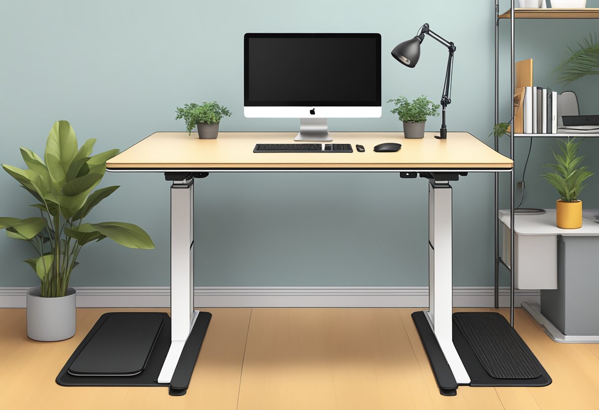 A standing desk with adjustable height settings, positioned at elbow level, with a footrest and anti-fatigue mat underneath