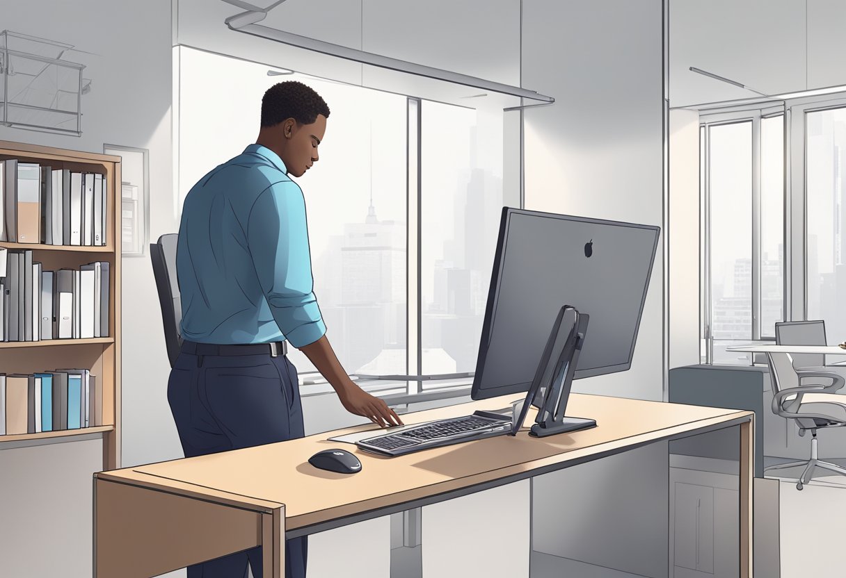 A person stands comfortably at a desk, with the screen at eye level and arms at a 90-degree angle. The desk is adjustable, allowing the person to switch between sitting and standing