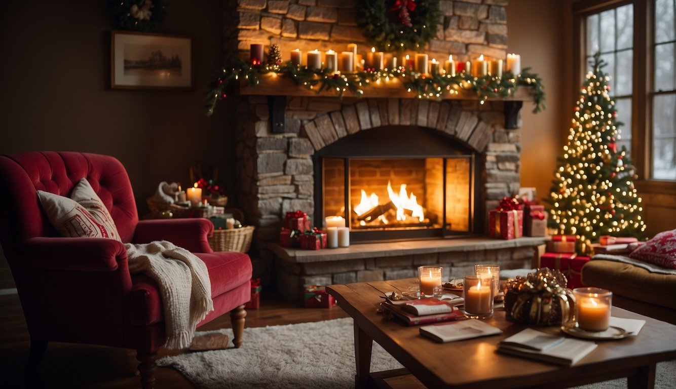 A cozy living room with a crackling fireplace, adorned with twinkling lights and festive decorations. A table displays various fabric swatches in reds, greens, and golds, while a sketchbook showcases Christmas outfit ideas