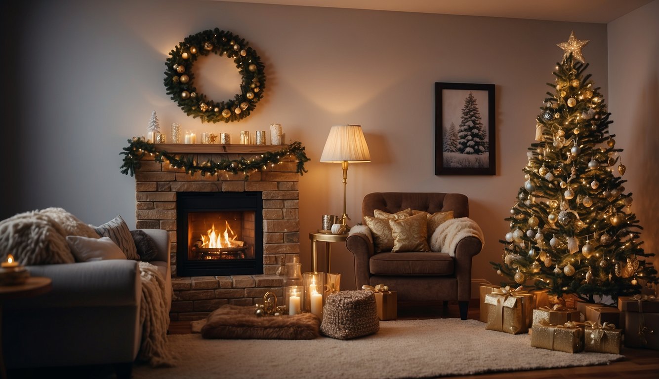 A festive living room with a decorated Christmas tree and cozy armchair. A table displays various holiday-themed accessories like scarves, hats, and jewelry