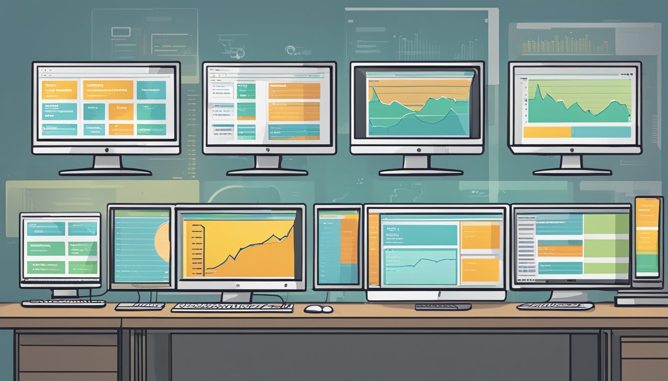 A row of 8 computer monitors displaying keyword volume and difficulty analyzers for SEO