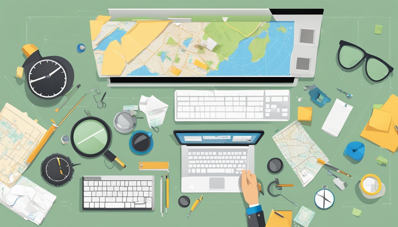 A desk with a computer and various tools, surrounded by keyword suggestion tools like a magnifying glass, a compass, and a map