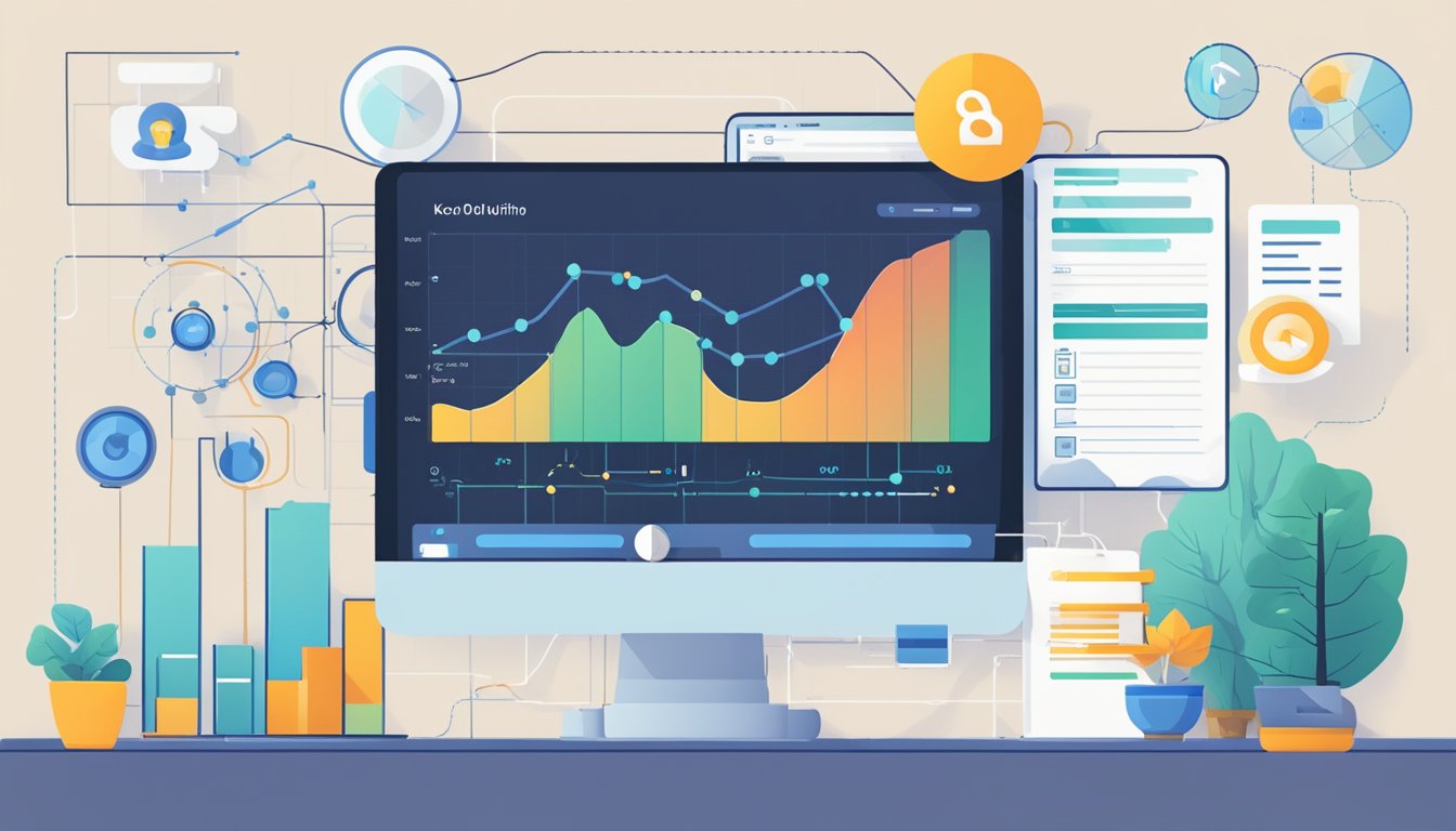 A computer screen displays a graph of keyword volume and difficulty, surrounded by various SEO tools and analytics software