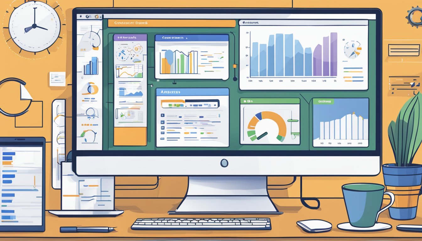 A computer screen displaying Ahrefs 9 Content Optimization Tools with charts, graphs, and data, surrounded by a desk with a notebook, pen, and coffee mug